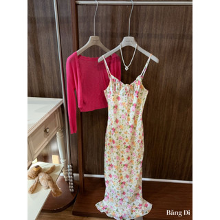 Set Váy Hoa Maxi Chun Ngực Mix Cardigan Chuẩn Đoàn Thương