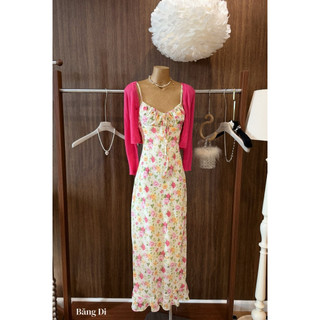 Set Váy Hoa Maxi Chun Ngực Mix Cardigan Chuẩn Đoàn Thương