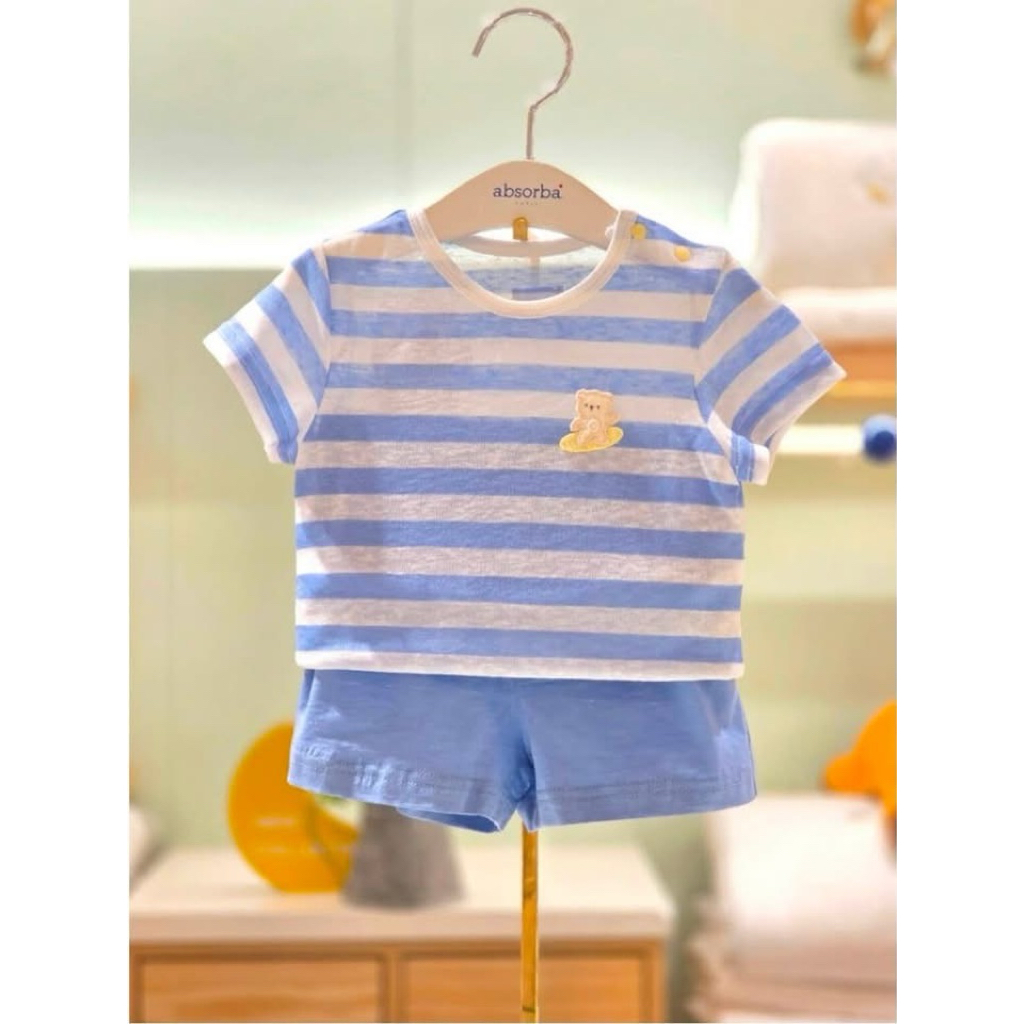 Bộ quần áo cộc tay absorba kẻ sọc phối gâu thêu chất mềm mát (k có cúc vai + bộ kẻ xanh gấu lướt ván xanh như ảnh chụp)