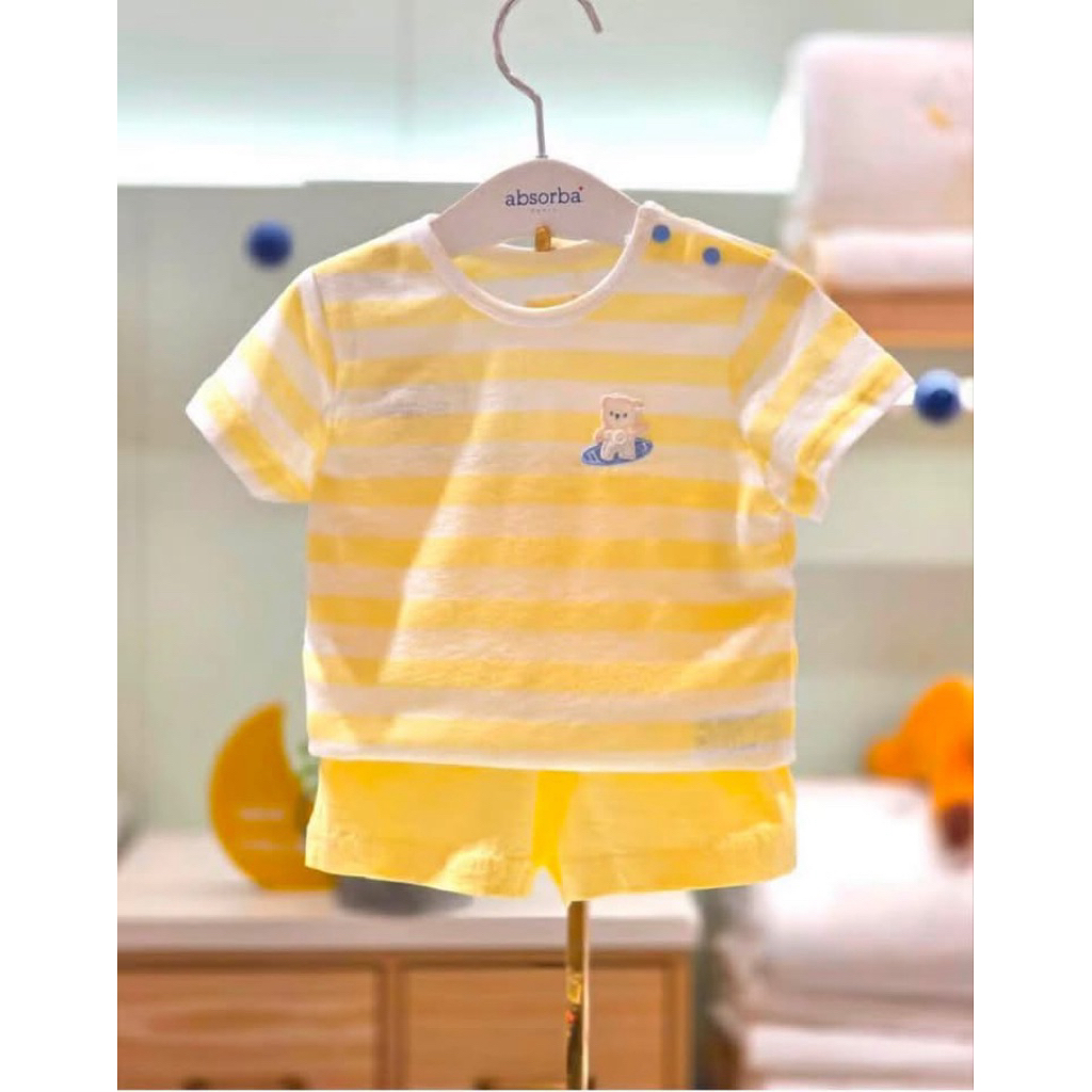 Bộ quần áo cộc tay absorba kẻ sọc phối gâu thêu chất mềm mát (k có cúc vai + bộ kẻ xanh gấu lướt ván xanh như ảnh chụp)