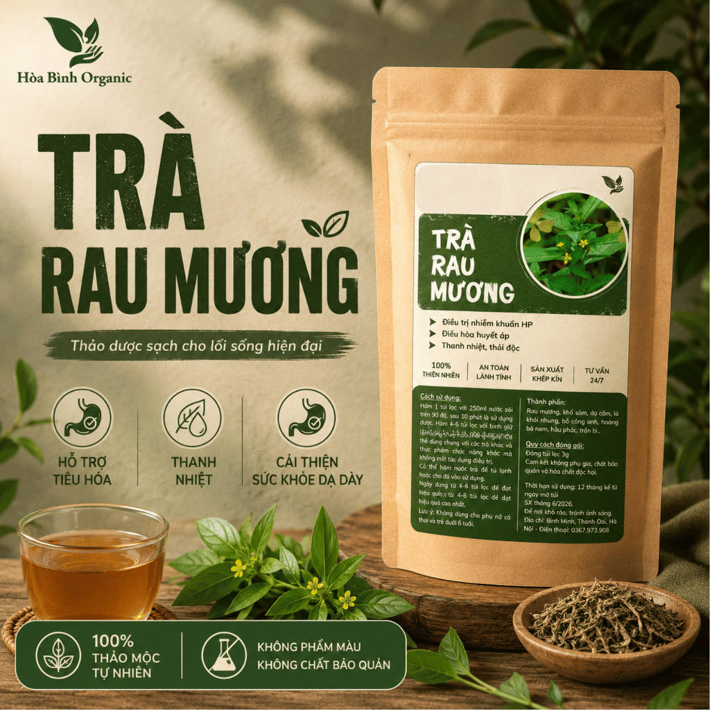 HÒA BÌNH ORGANIC- Trà Rau Mương, Chè Dây Hỗ trợ đ.trị viêm loét, trào ngược, khuẩn HP - Bịch 50 lọc