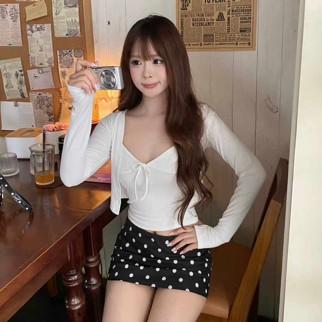 (XS-3XL) SET ÁO 2 MÓN TAY DÀI - set áo hai dây may đúp kèm áo khoác cardigan dáng dài, form đẹp