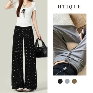 HTIQUE - DEAL mở bán Quần suông chấm bi dây rút nữ, quần dài ống rộng basic cạp thấp tôn dáng QB24