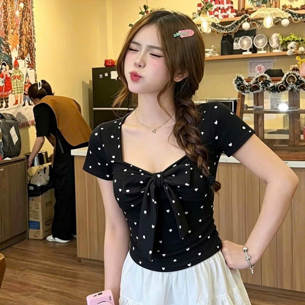 (XS-3XL) ÁO CỔ VUÔNG KÈM DÂY NƠ- áo kiểu nữ in tim, chấm bi tay ngắn