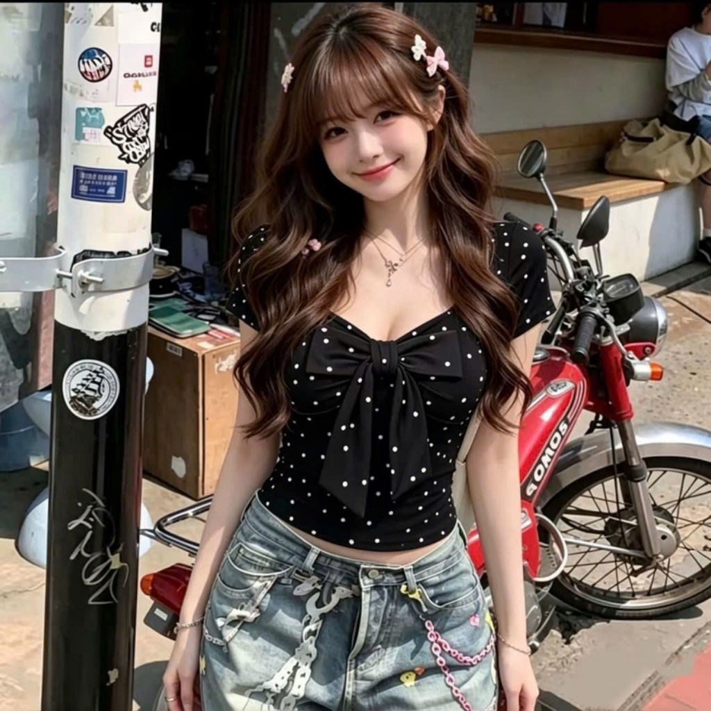 (XS-3XL) ÁO CỔ VUÔNG KÈM DÂY NƠ- áo kiểu nữ in tim, chấm bi tay ngắn