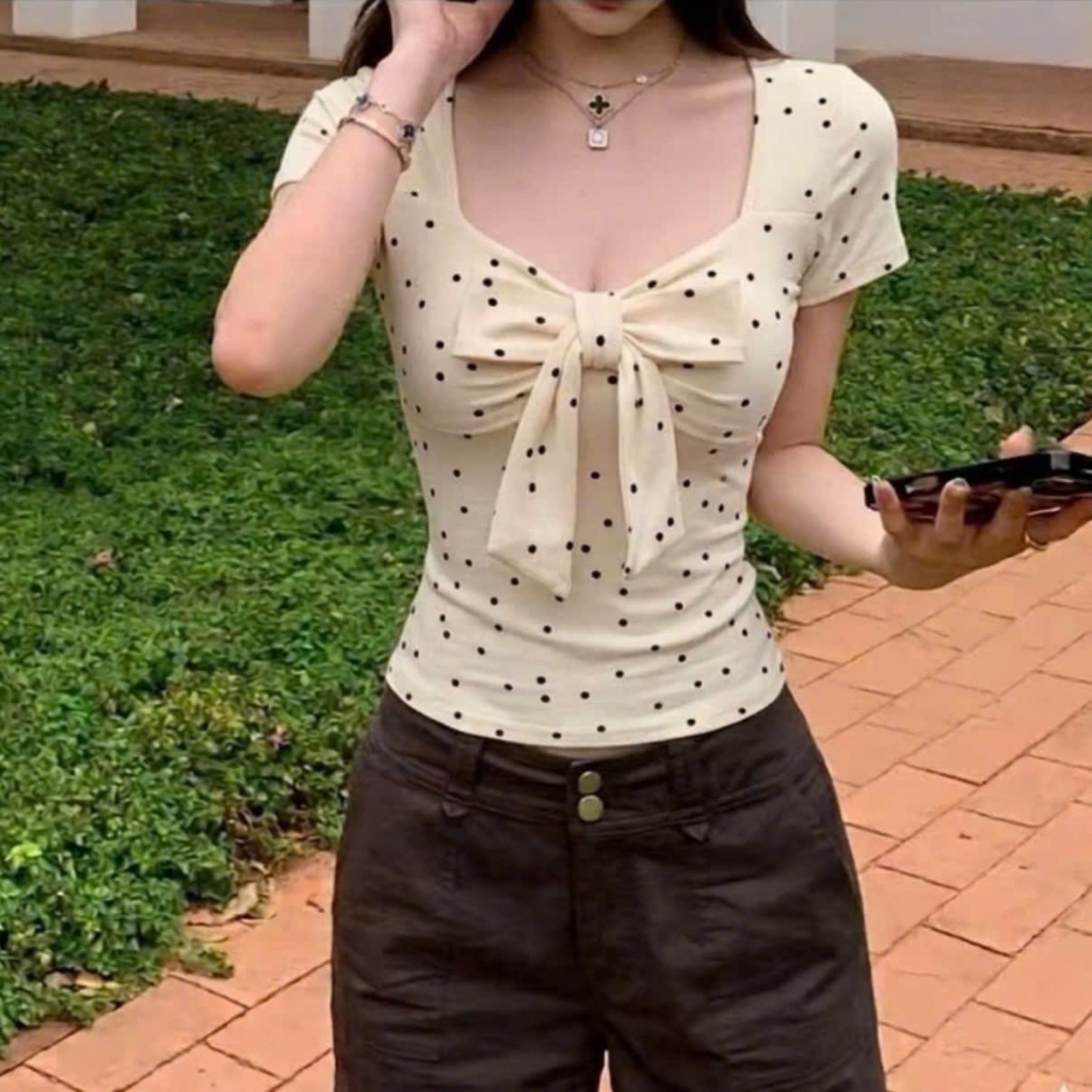 (XS-3XL) ÁO CỔ VUÔNG KÈM DÂY NƠ- áo kiểu nữ in tim, chấm bi tay ngắn