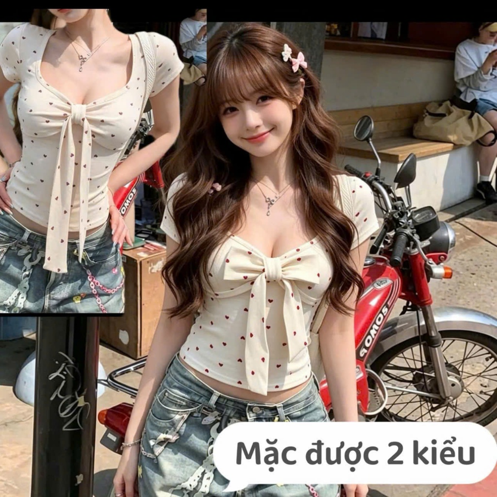 (XS-3XL) ÁO CỔ VUÔNG KÈM DÂY NƠ- áo kiểu nữ in tim, chấm bi tay ngắn