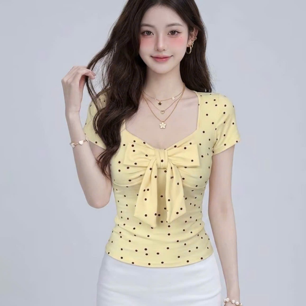 (XS-3XL) ÁO CỔ VUÔNG KÈM DÂY NƠ- áo kiểu nữ in tim, chấm bi tay ngắn