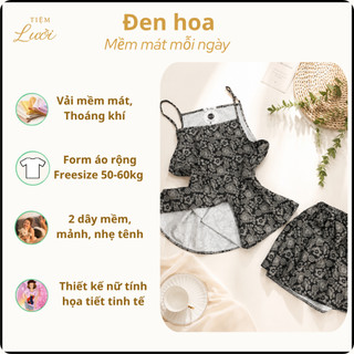 Bộ đồ ngủ nữ 2 dây Tiệm Lười quần đùi mặc nhà họa tiết Hoa Nhí chất lụa mềm mát Freesize 50-60kg