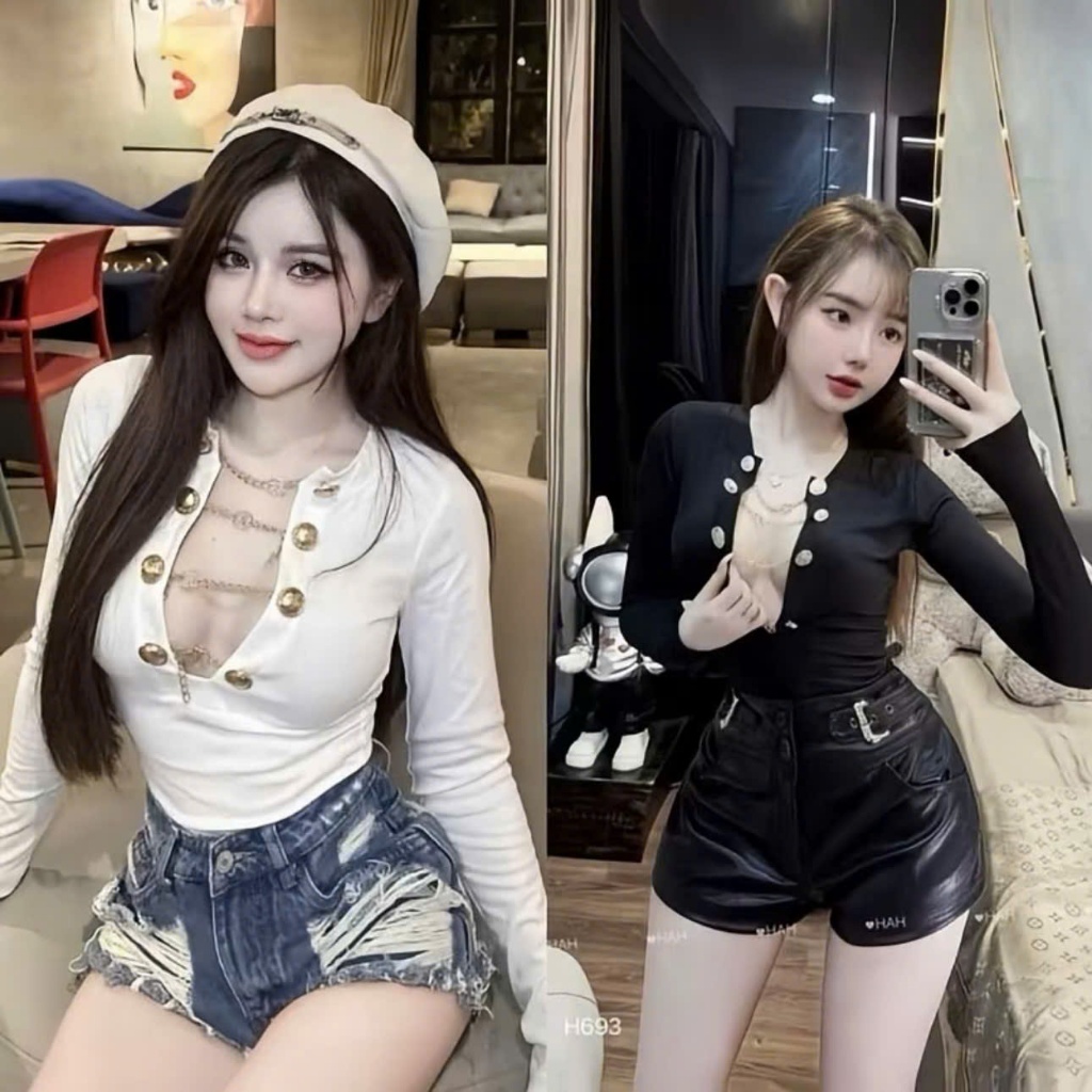 (XS-3XL) ÁO XÍCH NÚT (tay ngắn, tay dài) có kèm ống hoặc áo lẻ - chất borip mềm mịn có độ co giãn phong cách s e x y