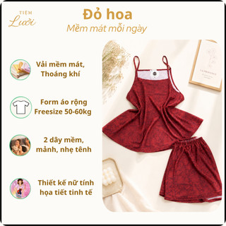 Bộ đồ ngủ nữ 2 dây Tiệm Lười quần đùi mặc nhà họa tiết Hoa Nhí chất lụa mềm mát Freesize 50-60kg