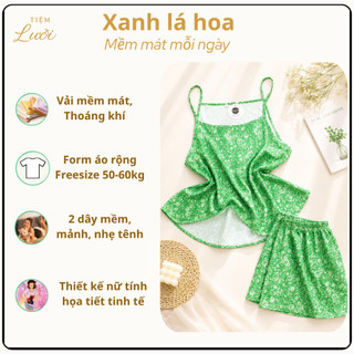 Bộ đồ ngủ nữ 2 dây Tiệm Lười quần đùi mặc nhà họa tiết Hoa Nhí chất lụa mềm mát Freesize 50-60kg
