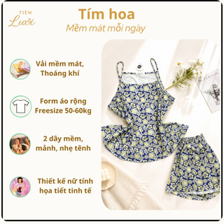 Bộ đồ ngủ nữ 2 dây Tiệm Lười quần đùi mặc nhà họa tiết Hoa Nhí chất lụa mềm mát Freesize 50-60kg