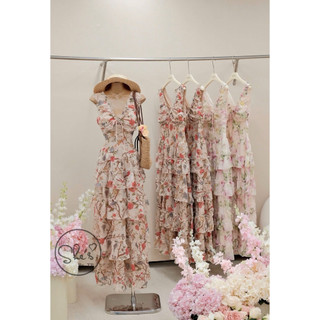 Váy Tơ Maxi Hoa Bèo Tầng Nhún Ngực Chuẩn She’s
