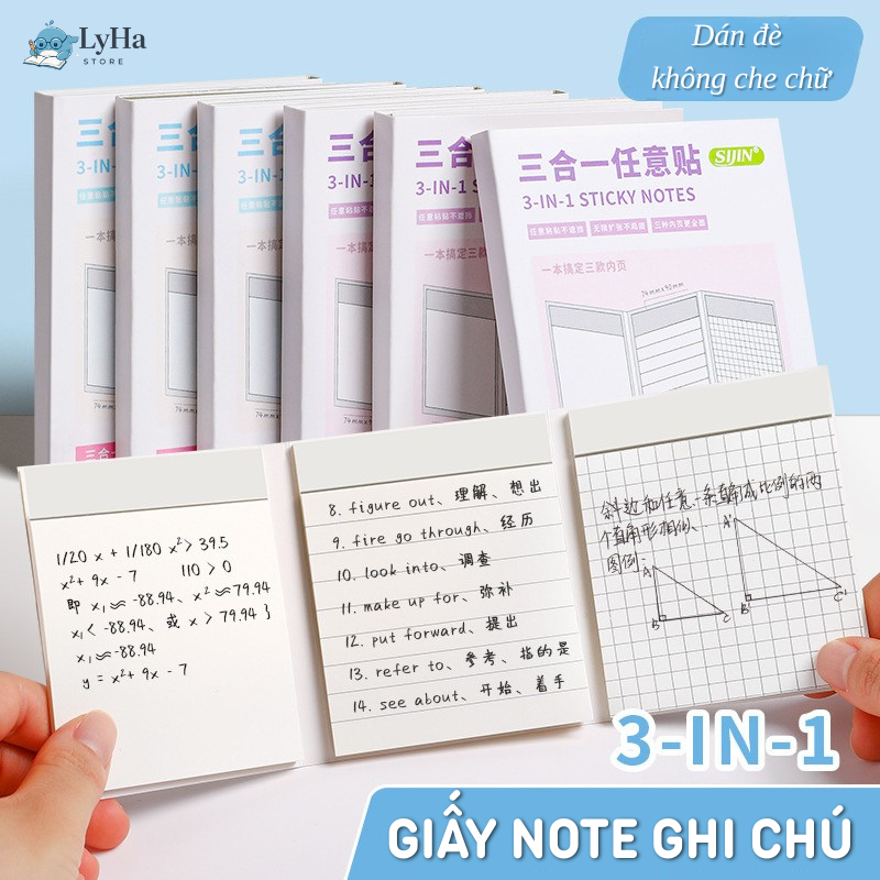 Giấy Note Ghi Chú 60 Tờ 3 trong 1 , Sticky Note Gập Mở Dán Đè Không Che Chữ , Dùng Học Tập Tiện Lợi cho Học SInh