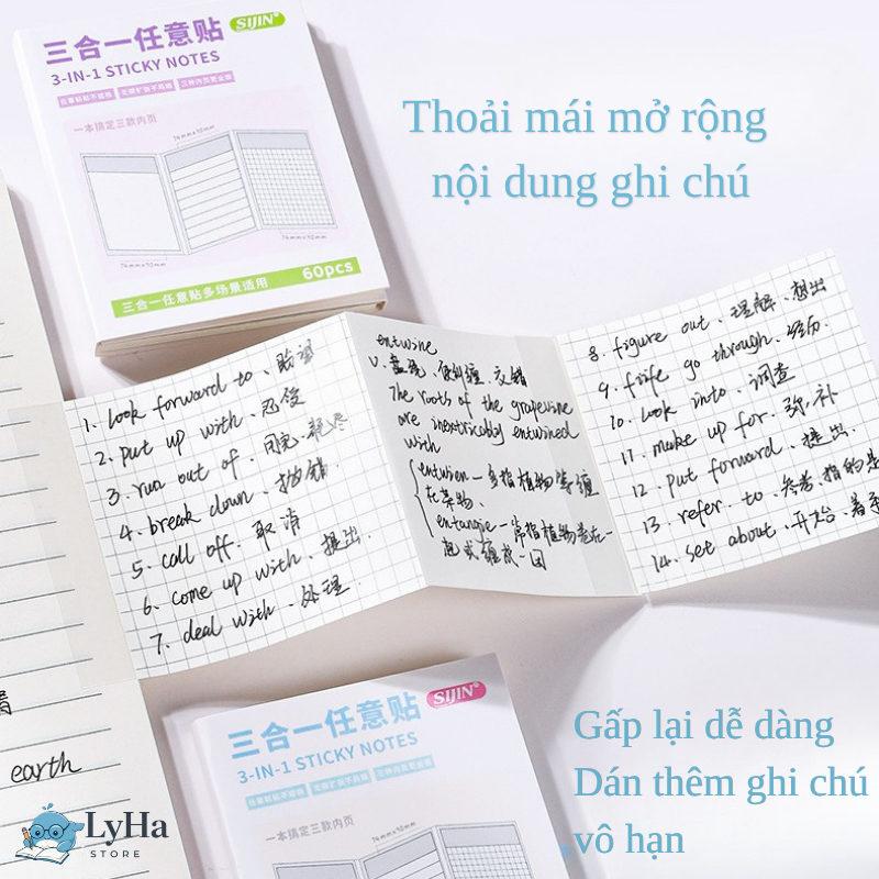 Giấy Note Ghi Chú 60 Tờ 3 trong 1 , Sticky Note Gập Mở Dán Đè Không Che Chữ , Dùng Học Tập Tiện Lợi cho Học SInh