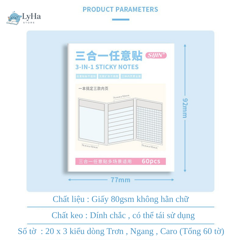 Giấy Note Ghi Chú 60 Tờ 3 trong 1 , Sticky Note Gập Mở Dán Đè Không Che Chữ , Dùng Học Tập Tiện Lợi cho Học SInh