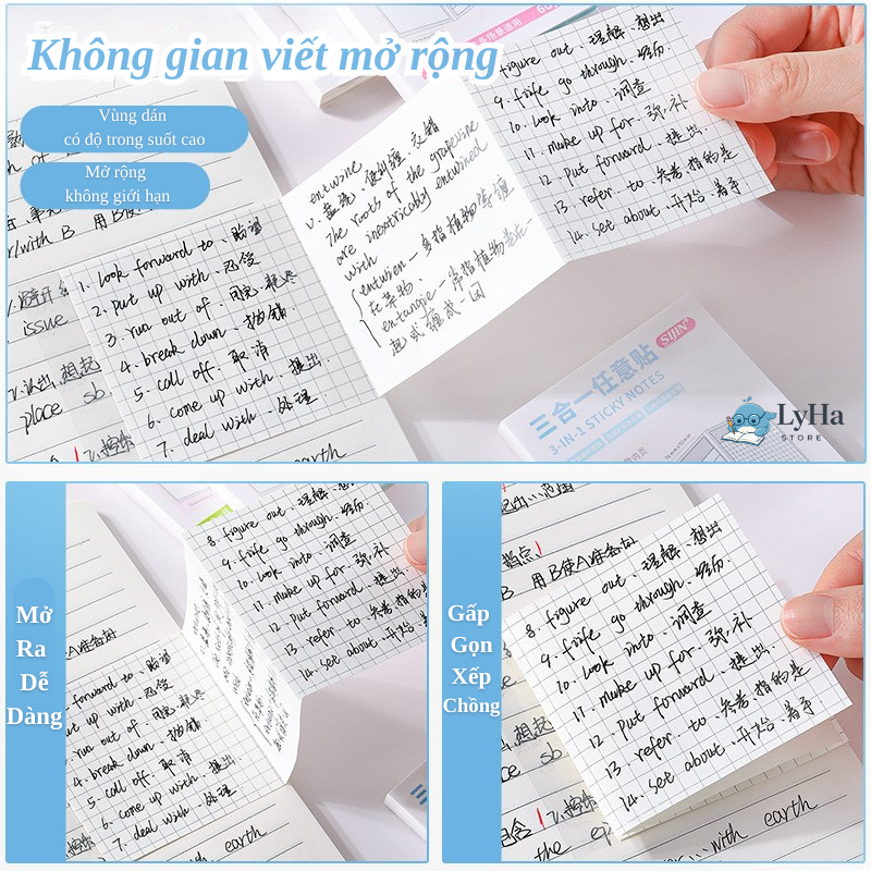 Giấy Note Ghi Chú 60 Tờ 3 trong 1 , Sticky Note Gập Mở Dán Đè Không Che Chữ , Dùng Học Tập Tiện Lợi cho Học SInh