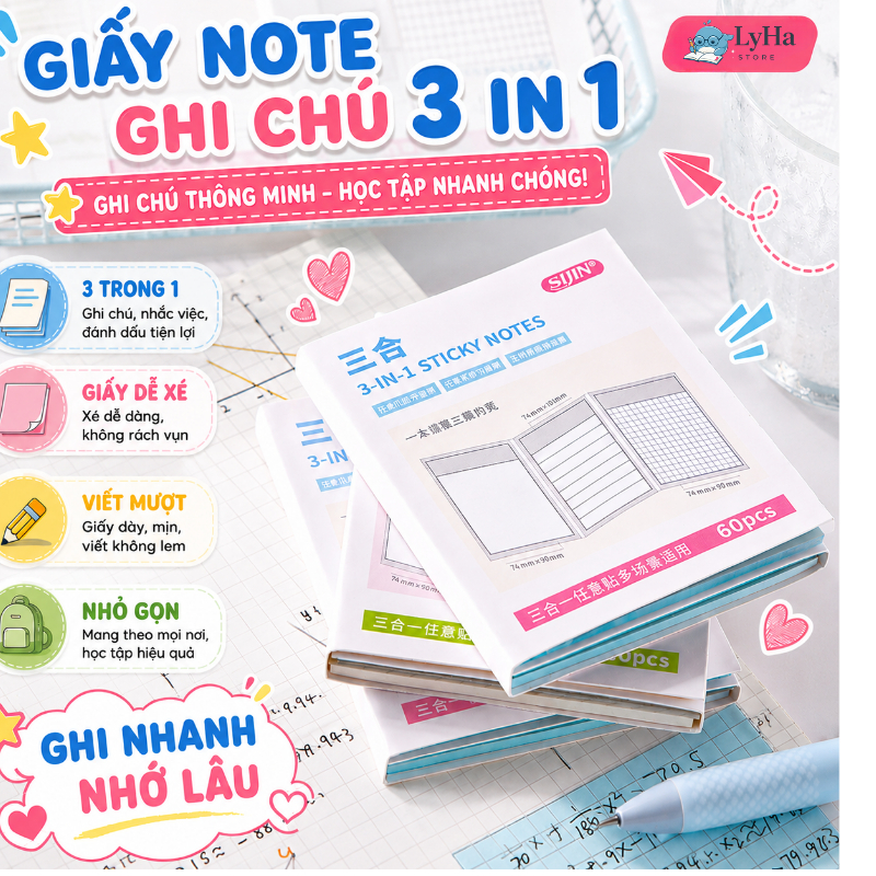 Giấy Note Ghi Chú 60 Tờ 3 trong 1 , Sticky Note Gập Mở Dán Đè Không Che Chữ , Dùng Học Tập Tiện Lợi cho Học SInh