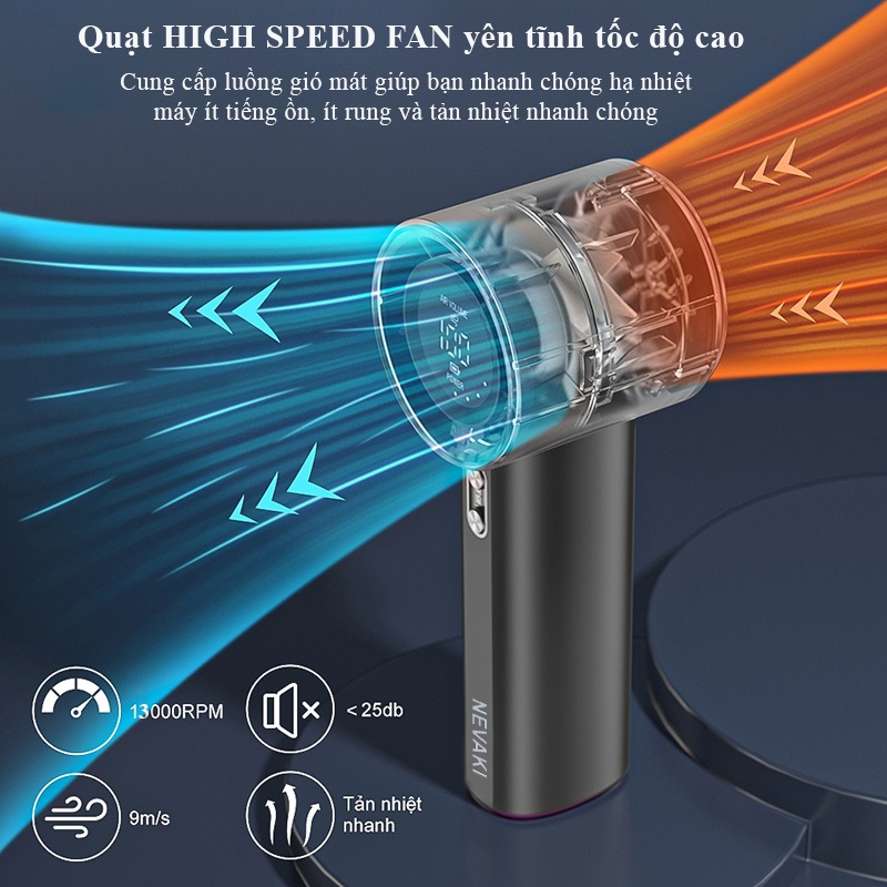 Quạt cầm tay mini NEVAKI GS01 pin 4000mAh với 100 cấp độ gió màn hình kỹ thuật số, bảo hành chính hãng