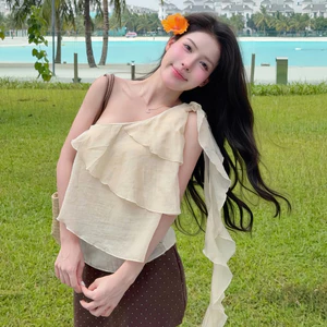 Áo Babydoll Kiểu Nữ Trễ Lệch Vai Xếp Bèo Tầng Xinh Xắn Đi Biển Mùa Hè Kimee - KA878