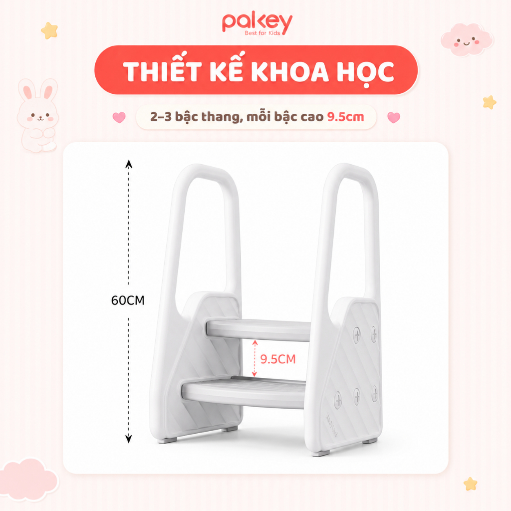 Thang Kê Chân Có Tay Cầm Cho Bé PAKEY Cao Cấp, Ghế Kê Chân, Toilet Dày Dặn Chắn Chắn Giúp Tăng Chiều Cao 2, 3 Bậc