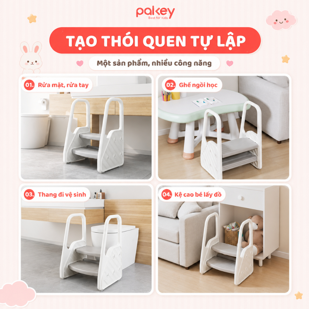Thang Kê Chân Có Tay Cầm Cho Bé PAKEY Cao Cấp, Ghế Kê Chân, Toilet Dày Dặn Chắn Chắn Giúp Tăng Chiều Cao 2, 3 Bậc