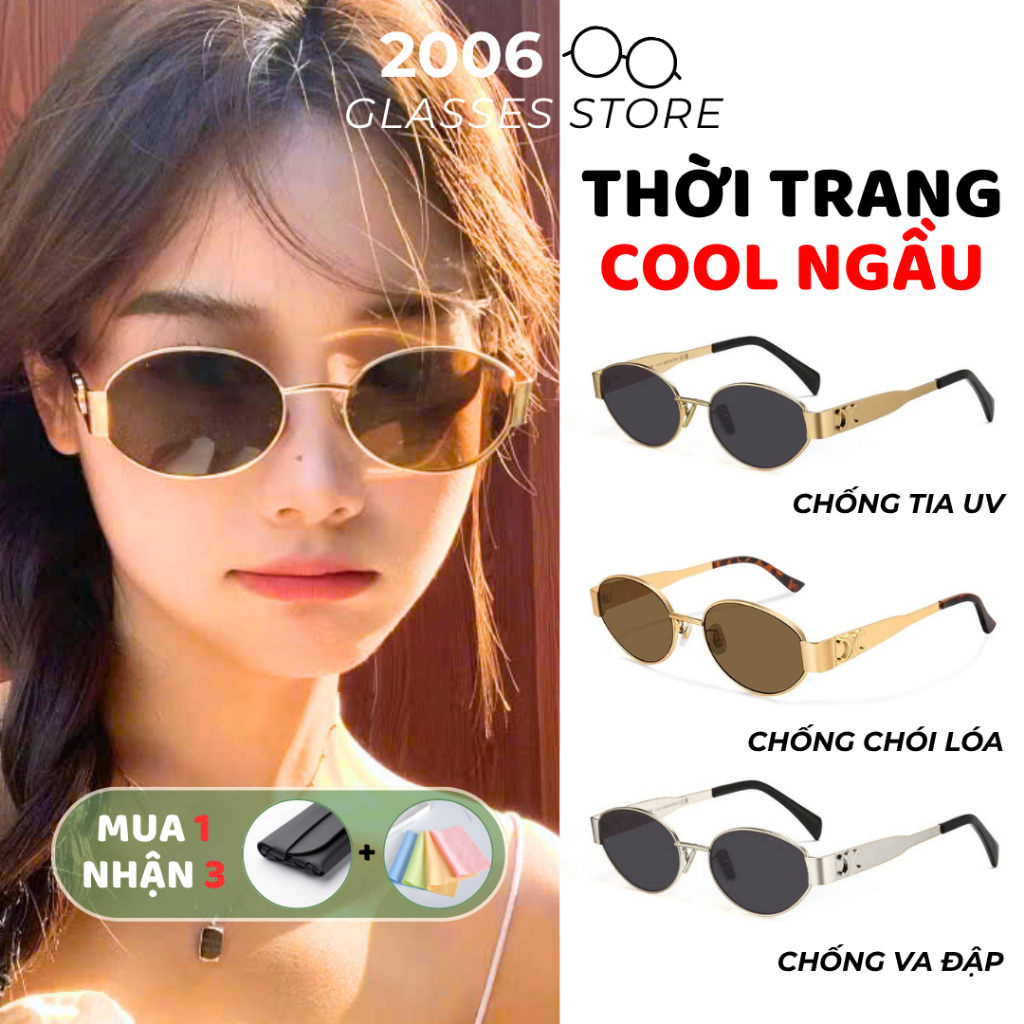 Kính râm gọng tròn oval kim loại cao cấp kính mát chống tia UV thời trang Hàn Quốc kiểu dáng ngầu T9