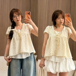 (HOT HIT) Áo babydoll 2 lớp họa tiết chất đũi hoa nhí phối ren trắng thắt nơ dáng xuông