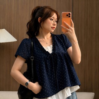 (HOT HIT) Áo babydoll 2 lớp họa tiết chất đũi hoa nhí phối ren trắng thắt nơ dáng xuông