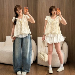 (HOT HIT) Áo babydoll 2 lớp họa tiết chất đũi hoa nhí phối ren trắng thắt nơ dáng xuông