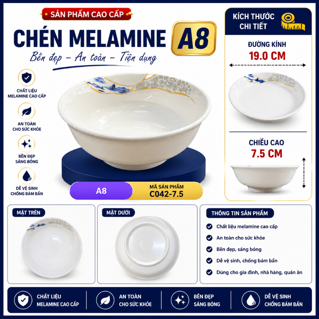 BÁT TÔ  C042-7.5  MELAMINE A8 CAO CẤP – PHONG CÁCH PHƯƠNG ĐÔNG SANG TRỌNG