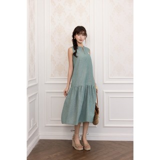 SWANLAKE | Váy Đầm Nữ Suông Sát Nách Vải Cotton Sọc Cổ Trụ Xẻ Bèo Nhún Dạo Phố Du Lịch Hè D13798