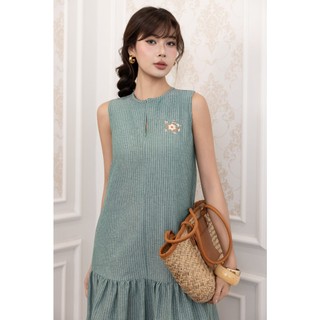 SWANLAKE | Váy Đầm Nữ Suông Sát Nách Vải Cotton Sọc Cổ Trụ Xẻ Bèo Nhún Dạo Phố Du Lịch Hè D13798