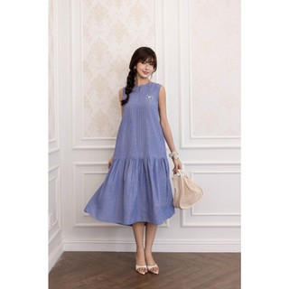 SWANLAKE | Váy Đầm Nữ Suông Sát Nách Vải Cotton Sọc Cổ Trụ Xẻ Bèo Nhún Dạo Phố Du Lịch Hè D13798