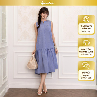 SWANLAKE | Váy Đầm Nữ Suông Sát Nách Vải Cotton Sọc Cổ Trụ Xẻ Bèo Nhún Dạo Phố Du Lịch Hè D13798