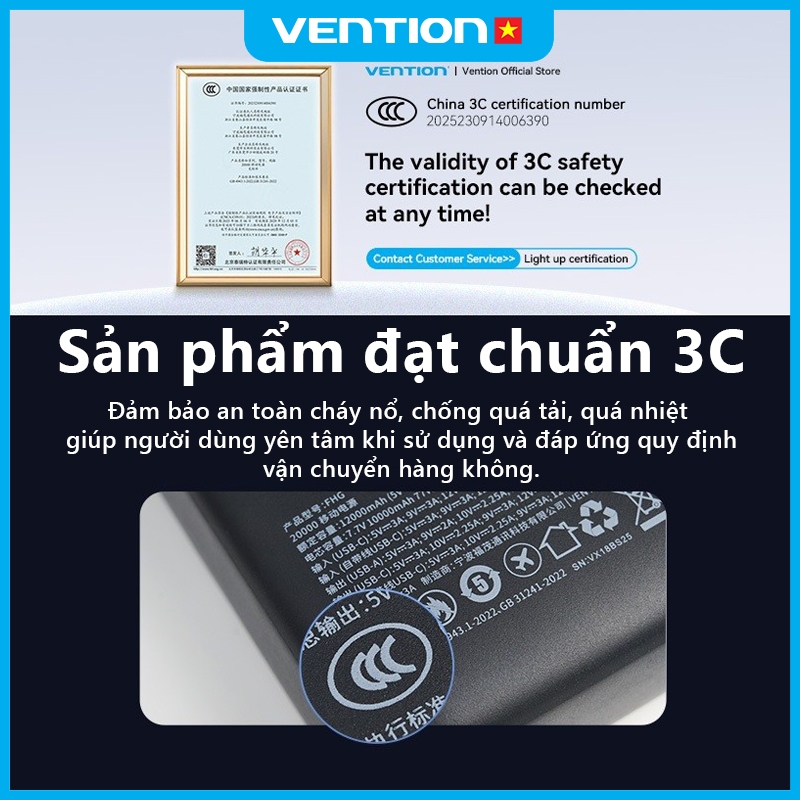 Sạc Dự Phòng 20000mAh 45W Vention PD3.0 Tốc Độ Cao,Thiết Kế Nhỏ Gọn, Tích Hợp Dây Type-C, Cho Điện Thoại,Tai Nghe,Tablet