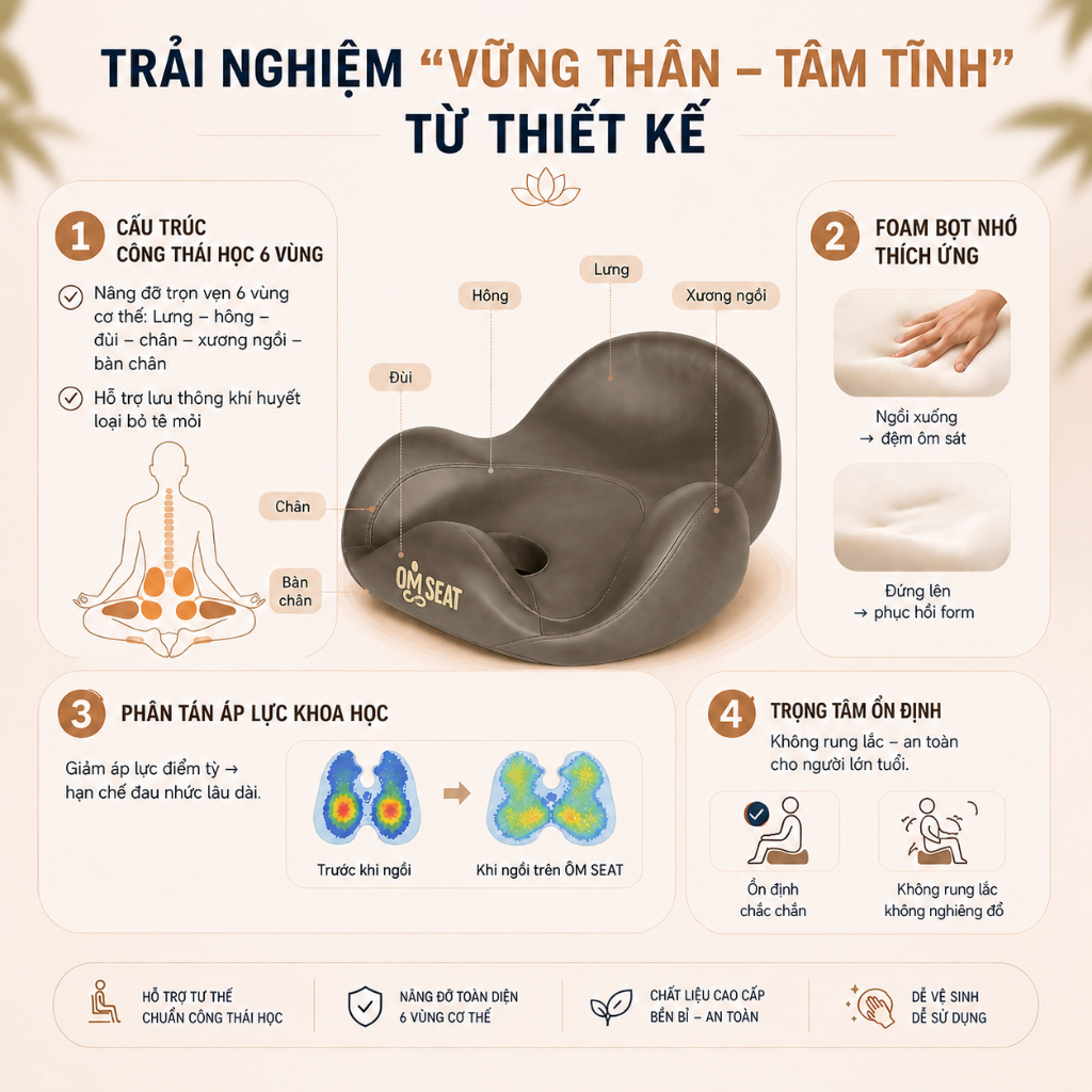 Ghế ngồi thiền Omseat (Thegioisofa) đệm ngồi thư giãn công thái học giữ lưng thẳng, không tê chân