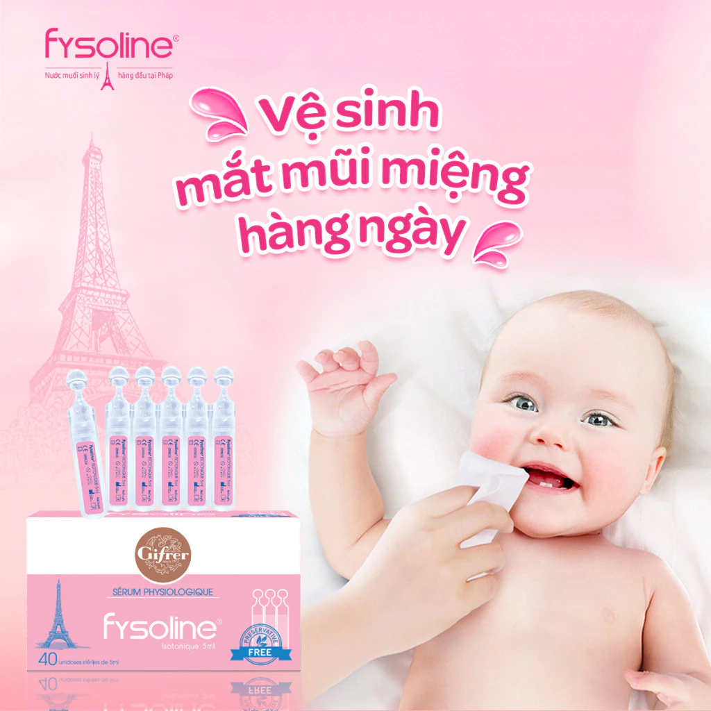 (Date T5.2027) Combo 3 hộp Fysoline hồng 40 ống x 5ml - Nước muối sinh lý vệ sinh mắt mũi miệng cho trẻ sơ sinh