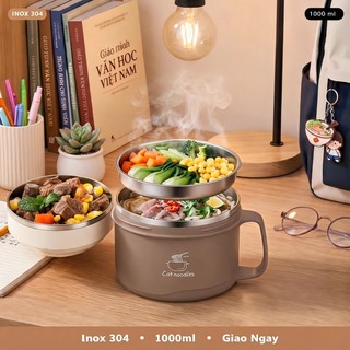 Hộp Cơm Giữ Nhiệt Inox 304 3 Ngăn 1000ml Kèm  Đĩa - Bình Đựng Cơm Có Tay Cầm Chống Tràn
