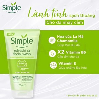 Sữa rửa mặt Simple 150ml làm sạch dịu nhẹ, không hương liệu an toàn cho da nhạy cảm, dưỡng ẩm da