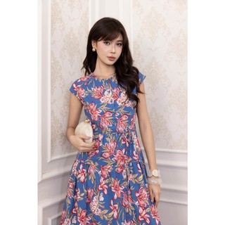 SWANLAKE | Váy Đầm Nữ Maxi Vải Linen Cổ Tròn Cài Nút Tay Hến Dây Thắt Eo In Hoa Thanh Lịch D13821