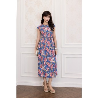 SWANLAKE | Váy Đầm Nữ Maxi Vải Linen Cổ Tròn Cài Nút Tay Hến Dây Thắt Eo In Hoa Thanh Lịch D13821