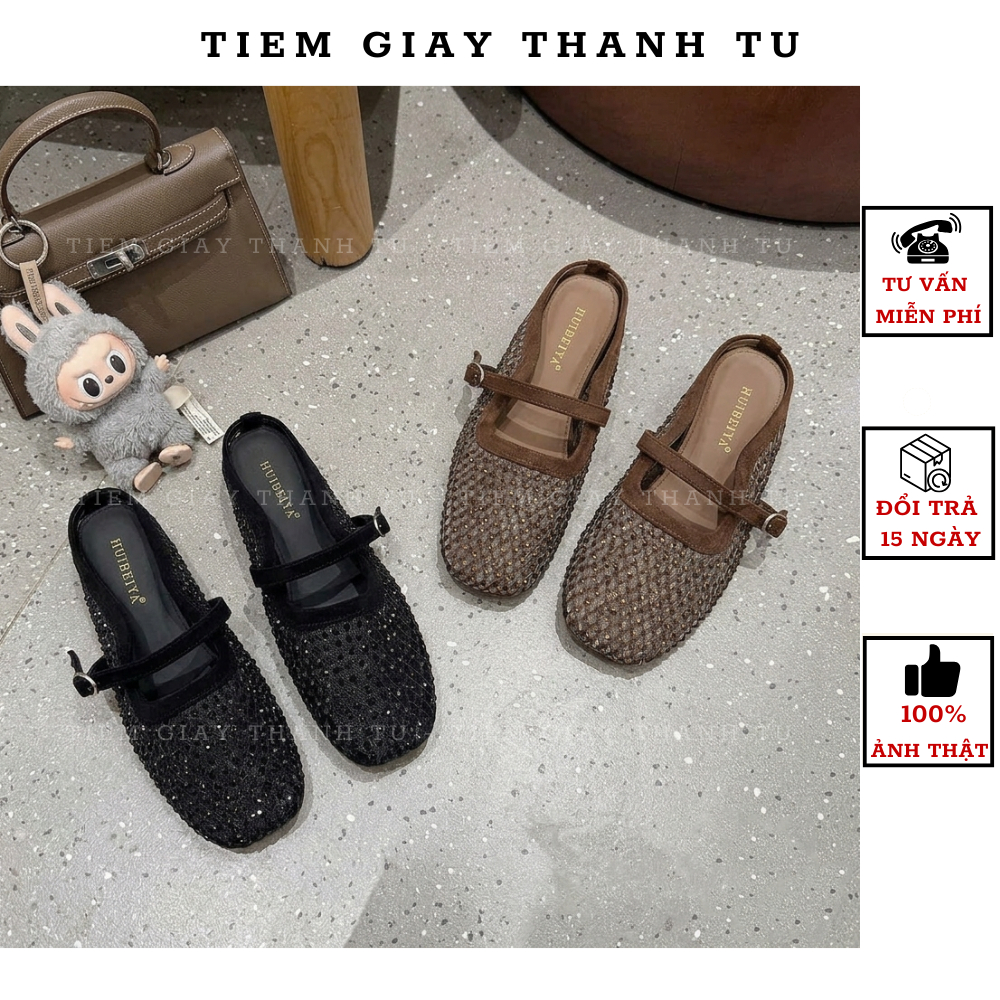 26 Giày sục nữ đính đá HUIBEIYA quai ngang, thiết kế hở gót sang chảnh, phù hợp đi tiệc đi làm hàng QC Fullbox