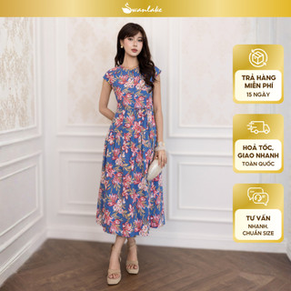 SWANLAKE | Váy Đầm Nữ Maxi Vải Linen Cổ Tròn Cài Nút Tay Hến Dây Thắt Eo In Hoa Thanh Lịch D13821