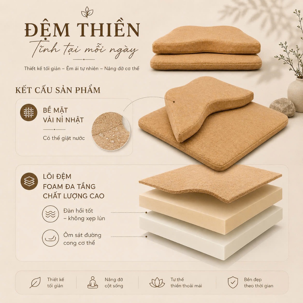 Đệm ngồi thiền ZEN (Thegioisofa) ghế ngồi thiền giúp lưng thẳng, ngồi vững, thiền sâu, không tê chân