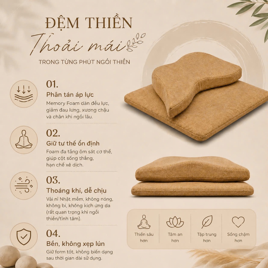 Đệm ngồi thiền ZEN (Thegioisofa) ghế ngồi thiền giúp lưng thẳng, ngồi vững, thiền sâu, không tê chân