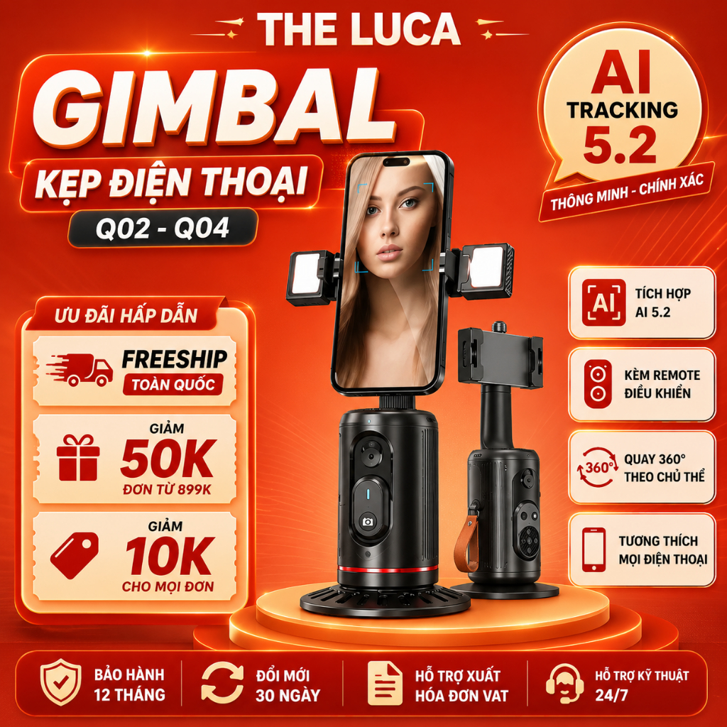 Giá đỡ gimbal Q02 và Q04 tích hợp AI tự động quay 360 theo chủ thể thông minh - phù hợp làm giá đỡ livestream, quay vlog