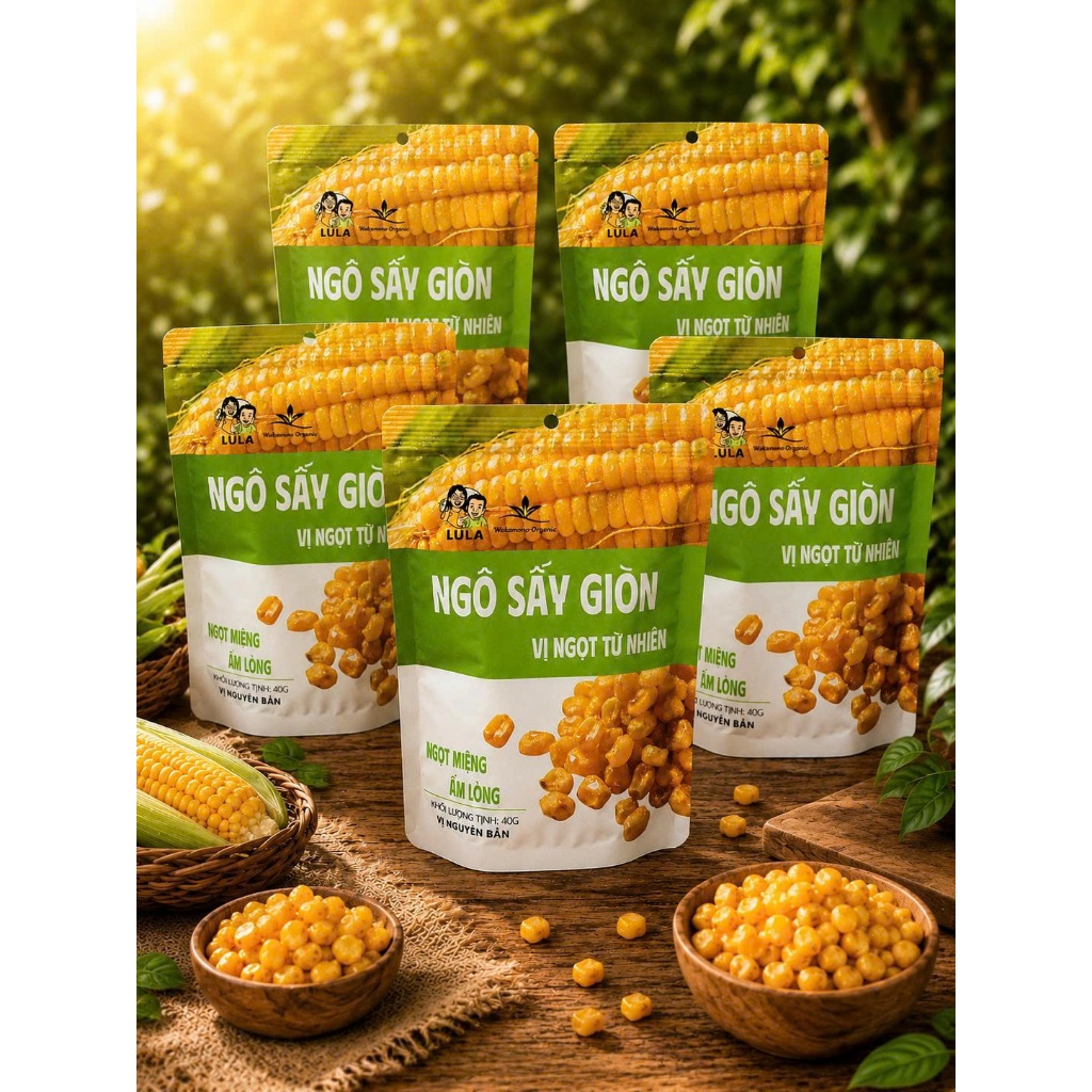 COMBO 5 gói Ngô Mỹ sấy giòn Wakamono Organic vị nguyên bản 40gam/gói, giòn rụm, ăn là ghiền