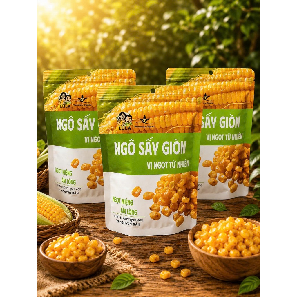 COMBO 3 gói Ngô Mỹ sấy giòn Wakamono Organic vị nguyên bản 40gam/gói, thơm ngon, giòn